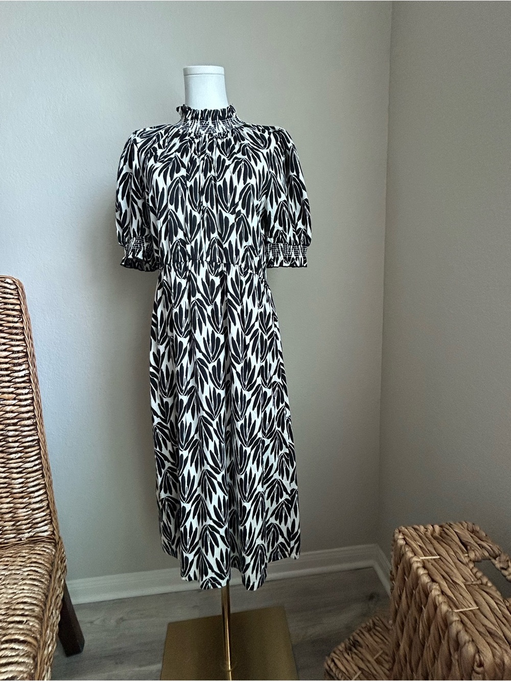 Smocked Neck Black & White Printed Midi Dress